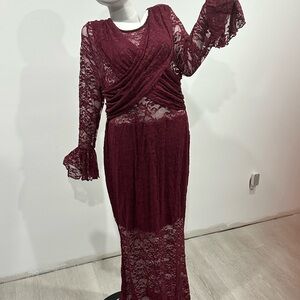Women's Lace Wrap Maxi Dress in Burgundy
